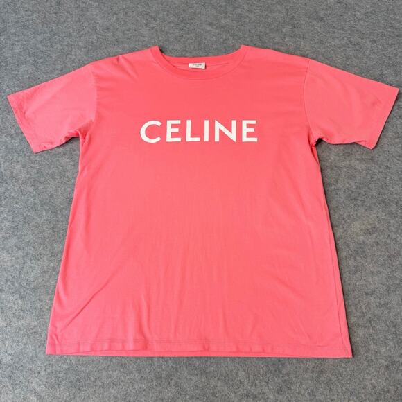 Celine Logo Short Sleeve 100% Cotton Tee Shirt Flamingo Pink & White Size Small - Picture 1 of 8
